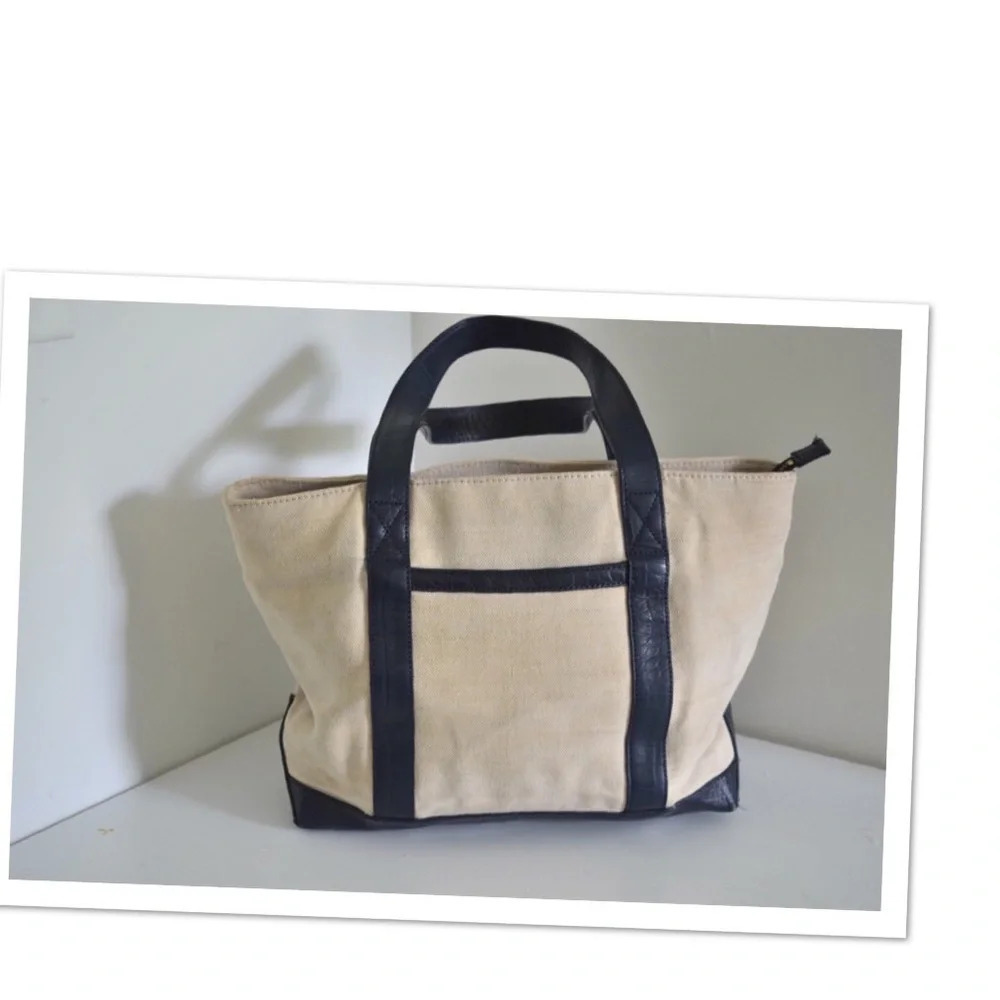 Talbots Canvas Tote Bag with Navy Blue Leather Trim - Classic Neutral Carryall